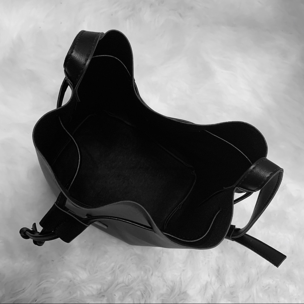 Black Vegan Leather Drawstring Bucket Bag - Picture 5 of 5
